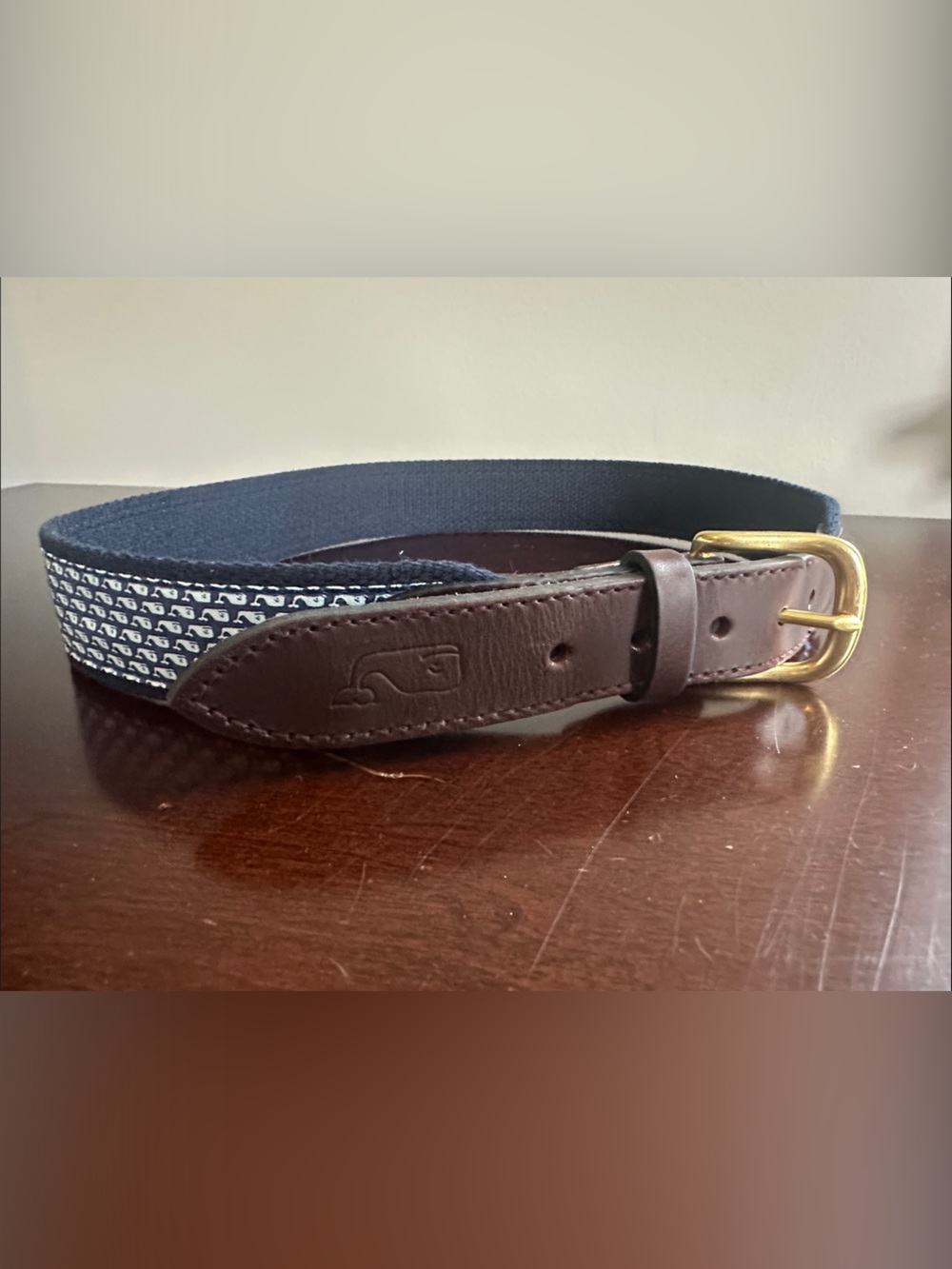 Vineyard Vines Navy Whale Pattern Fabric Belt with Brown Leather and Gold Buckle